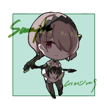 Rule 34 | 1girl, black pantyhose, brown hair, chon (klliaytong), closed mouth, commentary request, green background, holding, holding scythe, holding weapon, honkai (series), honkai impact 3rd, looking at viewer, lowres, mole, mole under eye, pantyhose, purple eyes, rita rossweisse, rita rossweisse (phantom iron), sample watermark, scythe, short hair, smile, solo, watermark, weapon