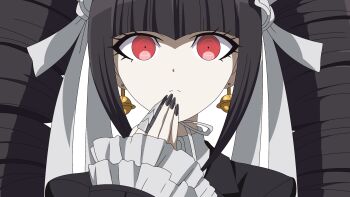 1girl black_hair black_nails celestia_ludenberg close-up closed_mouth commentary danganronpa:_trigger_happy_havoc danganronpa_(series) derivative_work drill_hair earrings eyelashes fingernails frilled_sleeves frills hair_ribbon highres jewelry long_hair long_sleeves nail_polish neck_ribbon pale_skin quelcom red_eyes ribbon shadow simple_background solo straight-on twin_drills twintails white_background white_ribbon