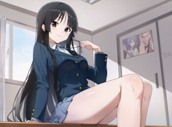 Rule 34 | 1girl, akiyama mio, arm support, black coat, black eyes, black hair, breasts, closed mouth, coat, commentary, danraz0r, davie504, desk, grey skirt, highres, indoors, k-on!, long hair, long sleeves, looking at viewer, medium breasts, miniskirt, neck ribbon, on desk, pleated skirt, real life, ribbon, sakuragaoka high school uniform, school uniform, shirt, sitting, skirt, smile, solo, thighs, untied ribbon, white shirt, yamada ryo