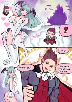 ! 1boy 1girl absurdres ass blunt_bangs boots breasts castle cleavage commentary_request commission darkstalkers demitri_maximoff demon_wings dress elbow_gloves english_text full_moon gloves green_eyes green_hair head_wings highleg highres long_hair moon morrigan_aensland one_eye_closed red_eyes skeb_commission skm_nnm smile speech_bubble wedding_dress white_boots white_dress white_gloves wings