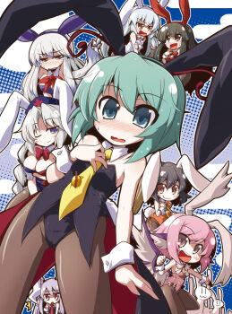 6+girls :3 ^^^ akaneya animal_ears antennae aqua_hair bad_id bad_pixiv_id bare_shoulders blue_eyes blush bow bowtie breasts brown_hair cameltoe cleavage everyone fake_animal_ears female_focus fujiwara_no_mokou hand_on_another&#039;s_chest hand_on_own_chest houraisan_kaguya inaba_tewi kamishirasawa_keine long_hair multiple_girls mystia_lorelei naughty_face necktie no_nose one_eye_closed open_mouth pantyhose pink_hair playboy_bunny pointing polka_dot polka_dot_background rabbit rabbit_ears red_eyes reisen_udongein_inaba short_hair silver_hair small_breasts smile touhou wavy_mouth wings wink wriggle_nightbug wrist_cuffs yagokoro_eirin yellow_necktie |_|