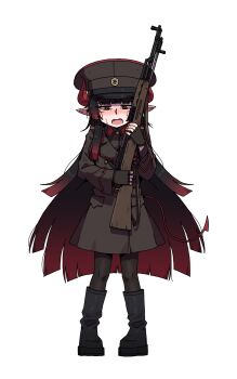 Rule 34 | black boots, black hair, boots, demon girl, demon horns, demon tail, fangs, fingerless gloves, gloves, gradient hair, gun, hat, highres, holding, holding gun, holding weapon, horns, jacket, karepack, military hat, military jacket, military uniform, multicolored hair, original, pointy ears, red hair, rifle, simple background, tail, weapon, white background