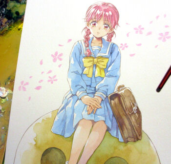 1girl agahari art_tools_in_frame blue_sailor_collar blue_serafuku blue_shirt blue_skirt bow braid briefcase commentary_request feet_out_of_frame flower hair_over_shoulder kirameki_high_school_uniform koshiki_yukari looking_at_viewer medium_hair own_hands_together painting_(medium) parted_lips photo_(medium) pink_flower pleated_skirt red_eyes red_hair sailor_collar school_briefcase school_uniform serafuku shirt sitting skirt solo tokimeki_memorial tokimeki_memorial_1 traditional_media twin_braids v_arms yellow_bow