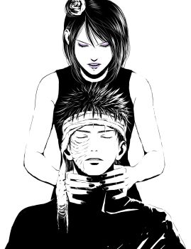 Rule 34 | 1boy, 1girl, cloak, closed eyes, commentary request, eyelashes, eyeliner, facial scar, flower, hair flower, hair ornament, headband, highres, konan (naruto), makeup, matsu (fu6ide2), naruto (series), naruto shippuuden, open mouth, purple eyeliner, purple lips, scar, scar on cheek, scar on face, shirt, sleeveless, sleeveless shirt, spiked hair, uchiha obito