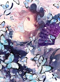 Rule 34 | 1girl, bare shoulders, blue kimono, breasts, bug, butterfly, cherry blossoms, cleavage, closed mouth, dutch angle, folding fan, frilled kimono, frills, goshoguruma, hand fan, hat, highres, bug, japanese clothes, kimono, large breasts, looking at viewer, mob cap, obi, off shoulder, pink eyes, pink hair, saigyouji yuyuko, sash, short hair, smile, solo, touhou, toutenkou, triangular headpiece, wavy hair