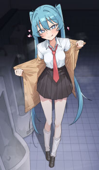 1girl bathroom black_shoes black_skirt blue_eyes blue_hair blush breasts brown_cardigan cardigan closed_mouth collared_shirt commentary_request full_body gukr4322 hair_between_eyes hatsune_miku heart heart-shaped_pupils highres loafers long_hair long_sleeves looking_at_viewer medium_breasts necktie pleated_skirt red_necktie shirt shoes skirt smile socks solo symbol-shaped_pupils twintails undressing urinal very_long_hair vocaloid white_shirt white_socks