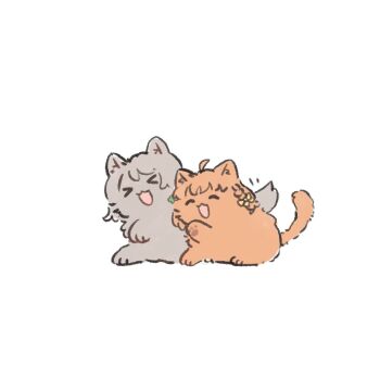 >_< :3 :d ^_^ ahoge animal_focus animal_with_hair animalization ao_kaeru bow braid cat closed_eyes grey_dog hair_bow highres love_live! love_live!_sunshine!! motion_lines no_humans open_mouth orange_cat side_braid simple_background smile takami_chika watanabe_you white_background x3 xd yellow_bow