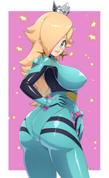Rule 34 | 1girl, ass, biker clothes, bikesuit, blonde hair, blue bodysuit, bodysuit, breasts, commentary, covered erect nipples, earrings, english commentary, hair over one eye, hand on own hip, highres, jewelry, large breasts, long hair, looking at viewer, looking back, mario (series), mecha pilot suit, neon genesis evangelion, nintendo, pink background, plugsuit (evangelion), rosalina, silver crown, skin tight, solo, star (symbol), star earrings, super mario galaxy, thighs, zuchysdraws