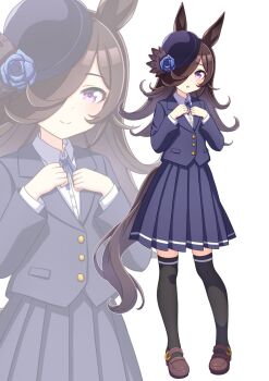 1girl animal_ears black_thighhighs blue_flower blue_ribbon blue_rose blue_skirt blush brown_hair closed_mouth collared_shirt commentary_request flipped_hair flower hair_over_one_eye hat hat_flower highres hokuyukis horse_ears horse_girl horse_tail jacket long_hair looking_at_viewer neck_ribbon parted_lips pleated_skirt purple_eyes ribbon rice_shower_(umamusume) rose shirt shoes simple_background skirt smile tail thighhighs tilted_headwear umamusume white_background white_jacket white_shirt zoom_layer