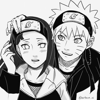 1boy 1girl crosshatching facial_mark forehead_protector greyscale hairband hatching_(texture) highres hyuuga_hinata jacket konohagakure_symbol monochrome naruto_(series) naruto_shippuuden notane_n open_mouth twitter_username uzumaki_naruto whisker_markings