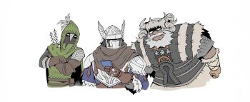Rule 34 | 3boys, animal head, armor, beard, blue surcoat, cropped torso, crossed arms, dragon skull, elden ring, elden ring nightreign, facial hair, green hood, grey hair, hat over eyes, helmet, highres, holding, holding phone, ironeye (elden ring), looking at another, multiple boys, phone, quiver, raider (elden ring), scale armor, sunnbnn, winged helmet, wylder (elden ring)