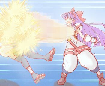 2girls ainu_clothes attack breasts breasts_out closed_eyes convenient_censoring feet fingerless_gloves firing gloves hair_ribbon iroha_(samurai_spirits) laser legs long_hair multiple_girls nakoruru open_mouth pants ribbon samurai_spirits snk tears thighhighs thighs tongue torn_clothes very_long_hair what