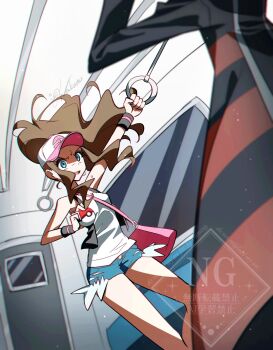 1boy 1girl arm_support baseball_cap black_vest blue_background blue_eyes breasts brown_hair curvy cutoffs denim denim_shorts dutch_angle exposed_pocket hat high_ponytail highres hilda_(pokemon) holding holding_poke_ball ingo_(pokemon) long_hair looking_at_another nintendo open_clothes open_mouth open_vest poke_ball poke_ball_(basic) poke_ball_print pokemon pokemon_black_and_white ponytail serious shirt short_shorts shorts sidelocks simple_background train_interior vest wakuno_lemon white_shirt wide_hips wristband
