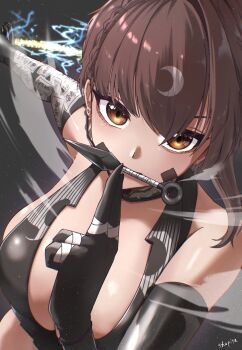 1girl artist_name bandaged_fingers bandages black_bodysuit black_gloves bodysuit braid breasts brown_eyes brown_hair cleavage closed_mouth commentary_request crescent delta_(nikke) delta_(ninja_thief)_(nikke) detached_collar earpiece elbow_gloves electricity gloves goddess_of_victory:_nikke hair_between_eyes hand_up highres holding holding_sword holding_weapon katana kuji-in kunai large_breasts looking_at_viewer mouth_hold ninja outstretched_arm short_hair shoulder_tattoo shupita signature single_braid skindentation sleeveless sleeveless_bodysuit smoke solo sword tattoo weapon weapon_in_mouth