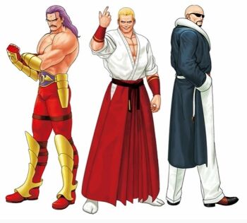 Rule 34 | 3boys, arm guards, bald, bare pectorals, beard, belt, black-framed eyewear, blonde hair, championship belt, coat, cross scar, dougi, facial hair, fatal fury, fingerless gloves, geese howard, gloves, grey coat, hakama, hakama skirt, hand in pocket, japanese clothes, long coat, long hair, looking at viewer, male focus, martial arts belt, mori toshiaki, mr big (snk), multiple boys, muscular, muscular male, mustache, official art, open clothes, open coat, pants, pectorals, purple hair, red gloves, red hakama, ryuuko no ken, scar, scar on face, scar on forehead, simple background, skirt, snk, sunglasses, the king of fighters, the king of fighters '96, topless male, white background, white pants, wolfgang krauser, wrist guards