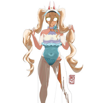 1girl blonde_hair blue_one-piece_swimsuit boji_norn breasts chainsaw_man closed_mouth demon_girl demon_horns glasses grabbing_own_hair highleg highleg_one-piece_swimsuit highres holding holding_own_hair horns long_hair medium_breasts one-piece_swimsuit power_(chainsaw_man) red_horns sarong see-through_clothes see-through_sarong simple_background solo sweat swimsuit twintails two-tone_one-piece_swimsuit visor_cap white_background white_one-piece_swimsuit