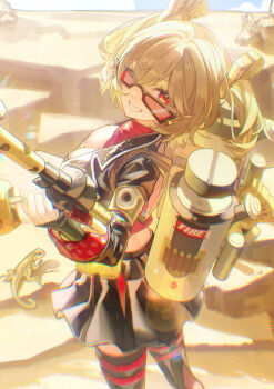 Rule 34 | 1girl, absurdres, black jacket, black skirt, black thighhighs, blonde hair, burnice white, closed mouth, cropped jacket, flamethrower, gangsi qiu nianyu jing, highres, holding, holding flamethrower, holding weapon, jacket, long hair, looking at viewer, one eye closed, red eyes, skirt, smile, solo, sunglasses, thighhighs, twintails, weapon, zenless zone zero