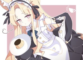 animal_ears apron bare_shoulders blonde_hair blue_archive breasts commentary_request food fox_ears fox_girl long_hair looking_at_viewer maid maid_apron maid_headdress minarin_(393939min) pink_background pink_eyes pudding seia_(blue_archive) small_breasts two-tone_background white_background