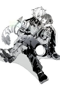 1boy 1girl animal_ears black_shorts blunt_bangs blush boots cat_boy cat_ears cat_tail ear_blush fingerless_gloves full_body fur-trimmed_jacket fur_trim garter_straps gloves greyscale high-waist_shorts highres inui_shiro jacket jane_doe_(zenless_zone_zero) long_tail monochrome mouse_ears mouse_girl mouse_tail pantyhose police police_badge police_uniform policeman seth_lowell sharp_tail shorts single_garter_strap single_leg_pantyhose single_thighhigh sitting sitting_on_person tail thighhighs torn_clothes torn_pantyhose torn_thighhighs wolf_cut zenless_zone_zero