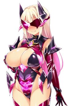 1girl ayazaki_shizuku blonde_hair blush breasts cleavage closed_mouth corruption covered_erect_nipples covered_navel cowboy_shot dark_persona earrings elbow_gloves evil_flare game_cg gloves glowing gradient_hair hand_on_own_hip headgear highleg highleg_leotard jewelry large_breasts large_variant_set leotard long_hair mask multicolored_hair non-web_source nose_blush official_art pink_hair pink_leotard pubic_tattoo satou_kuuki shiny_clothes simple_background solo soukou_seiki_ysphere standing tachi-e taimanin_suit tattoo thighhighs transparent_background variant_set white_background
