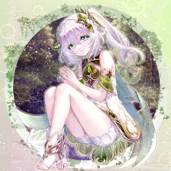 1girl bare_shoulders bloomers closed_mouth commentary_request cross-shaped_pupils detached_sleeves dress fingernails genshin_impact gold_trim green_eyes green_hair green_sleeves hair_between_eyes hair_ornament highres invisible_chair leaf_hair_ornament looking_at_viewer miyashirokiyu multicolored_hair nahida_(genshin_impact) own_hands_together pointy_ears sitting sleeveless sleeveless_dress smile solo stirrup_legwear symbol-shaped_pupils toeless_legwear toenails toes underwear white_bloomers white_dress white_hair