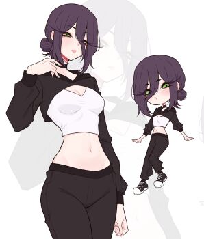 1girl absurdres black_choker black_pants black_shoes black_shrug breasts chainsaw_man chibi choker cleavage closed_mouth clothes_lift cowboy_shot crop_top dijor98 green_eyes hair_between_eyes hair_bun highres light_blush long_sleeves medium_breasts medium_hair midriff multiple_views navel pants purple_hair reze_(chainsaw_man) shirt shirt_lift shoes shrug_(clothing) sneakers solo undershirt updo white_shirt