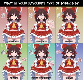 1girl absurdres ai-assisted ascot body_control bow brown_hair change_in_common_sense cleft_of_venus clothes_lift commentary comparison detached_sleeves empty_eyes english_commentary english_text frilled_bow frilled_hair_tubes frills guilegaze hair_bow hair_tubes hakurei_reimu highres hypnosis lifting_own_clothes long_hair mind_control miniskirt no_panties pussy red_bow red_eyes red_skirt redrawn ribbon-trimmed_sleeves ribbon_trim skirt skirt_lift touhou yellow_ascot