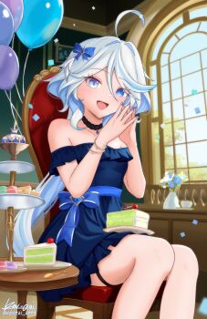 1girl :d absurdres ahoge balloon bare_shoulders blue_bow blue_dress blue_eyes blue_flower blue_nails blue_pupils blue_streaks bow cake cake_slice chair collarbone commentary day dress drop-shaped_pupils english_commentary fingernails flower food furina_(genshin_impact) genshin_impact hair_between_eyes hair_bow hands_up heterochromia highres indoors ken-pai_(kenpai_arts) long_hair looking_at_viewer multicolored_hair nail_polish open_mouth signature sitting smile solo steepled_fingers streaked_hair symbol-shaped_pupils textless_version thigh_strap twitter_username vase very_long_hair white_hair