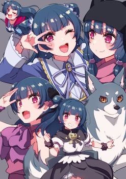 1girl absurdres blue_hair blunt_bangs blush brown_eyes commentary cream_(nipakupa) earrings genjitsu_no_yohane grey_background grin highres jewelry lailaps_(genjitsu_no_yohane) long_hair looking_at_viewer love_live! love_live!_sunshine!! multiple_views one_eye_closed pink_eyes smile tsushima_yoshiko wolf yohane_(genjitsu_no_yohane)
