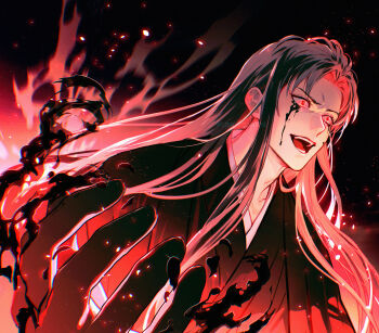 1boy aura black_background black_hair black_kimono blood cma_cmakuma commentary_request crazy_smile crying crying_with_eyes_open dark_background darkness embers evil_smile gintama glowing haori highres japanese_clothes kimono long_hair male_focus open_mouth parted_bangs red_eyes red_theme smile solo tears teeth upper_body utsuro yoshida_shouyou