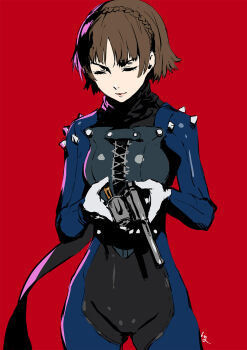10s 1girl black_scarf bodysuit braid breasts brown_hair closed_eyes club3 commentary crown_braid female_focus gloves gun handgun highres holding holding_gun holding_weapon legs_apart medium_breasts niijima_makoto persona persona_5 queen_(persona_5) red_background reloading revolver scarf shiny_clothes short_hair simple_background solo spikes standing weapon white_gloves
