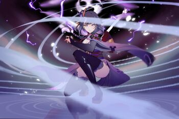 1girl armor asymmetrical_sleeves back_bow black_thighhighs blue_pupils blunt_bangs bow braid breasts bridal_gauntlets cleavage closed_mouth electricity eye_symbol flower flower_ornament genshin_impact glowing glowing_eyes glowing_hair glowing_sword glowing_weapon gradient_hair hair_ornament hashtag-only_commentary highres holding holding_sword holding_weapon japanese_clothes katana kimono kneeling large_breasts light_particles long_braid long_hair looking_at_viewer mitsudomoe_(shape) mole mole_under_eye motion_blur multicolored_eyes multicolored_hair musou_isshin_(genshin_impact) neck_ribbon off_shoulder powering_up purple_eyes purple_flower purple_hair purple_kimono raiden_shogun red_ribbon red_sash ribbon rollinland_rn sash shoulder_armor sky space star_(sky) starry_sky streaked_hair sword thighhighs thighs tomoe_(symbol) uneven_sleeves weapon wide_sleeves