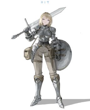 1girl absurdres armor armored_boots arowana2111 bag belt blonde_hair blue_eyes blunt_bangs bodysuit bodysuit_under_clothes boobplate boots breastplate commentary english_commentary english_text gauntlets hair_intakes highres hip_armor holding holding_shield holding_sword holding_weapon lipstick makeup mole original over_shoulder pants pauldrons pouch shadow shield short_hair shoulder_armor shoulder_bag solo strap sword sword_over_shoulder thigh_pouch weapon weapon_over_shoulder white_background