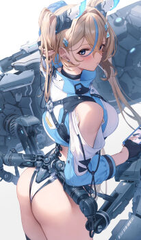 1girl absurdres ass black_gloves blonde_hair blue_eyes blue_hair breasts cellphone commentary_request earrings fingerless_gloves from_above from_behind gloves highres holding holding_phone jewelry leotard long_hair looking_back machinery mecha mechanical_arms morros mouth_hold multicolored_hair original out_of_frame phone revision robot science_fiction smartphone streaked_hair tekkou-chan_(morros) twintails white_leotard