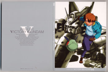 1990s_(style) 1boy absurdres artist_collaboration blue_eyes box_art brown_hair gloves gundam haro highres ishigaki_jun'ya jacket machinery mecha mobile_suit non-humanoid_robot official_art ousaka_hiroshi pet retro_artstyle robot running scan science_fiction traditional_media uso_ewin v-fin victory_gundam