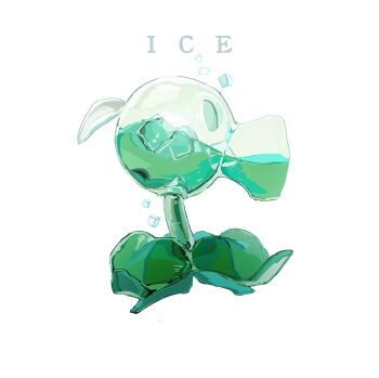 Rule 34 | commentary, english text, from side, green eyes, highres, hightguy, ice, ice cube, leaf, no humans, peashooter (plants vs. zombies), plant, plant focus, plants vs. zombies, profile, simple background, solid oval eyes, solo, symbol-only commentary, white background