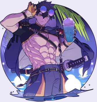 Rule 34 | 1boy, abs, bara, belt, black gloves, cup, cyp1a2, doudanuki masakuni, eyewear lift, eyewear on head, gloves, hair between eyes, highres, holding, holding cup, jacket, jacket on shoulders, male focus, muscular, muscular male, navel, nipples, palm leaf, pectorals, shredded muscles, solo, sunglasses, sword, touken ranbu, weapon, yellow eyes