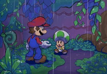 2boys blue_overalls boots brown_boots brown_hair facial_hair forest gloves grass green_toad_(mario) hat highres mario mario_&amp;_luigi_rpg mario_(series) multiple_boys mustache nature nintendo outdoors overalls plant rain red_hat red_shirt shirt short_hair toad_(mario) tree vines white_gloves yamari_(ya_mari_6363)