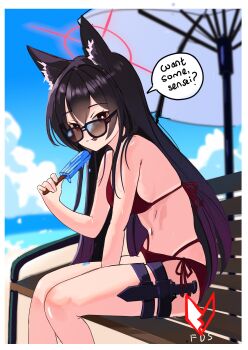 1girl absurdres animal_ear_fluff animal_ears bikini black_hair blue_archive blue_sky breasts bright_pupils brown_eyes cloud commentary day english_commentary english_text food fox_ears fox_girl hair_between_eyes halo highres holding holding_food holding_popsicle knife_sheath looking_at_viewer melissa_v2 multi-strapped_bikini_bottom navel outdoors popsicle red_bikini red_halo sheath sitting sky small_breasts smile solo speech_bubble sunglasses swimsuit thigh_sheath tongue tongue_out yukino_(blue_archive)
