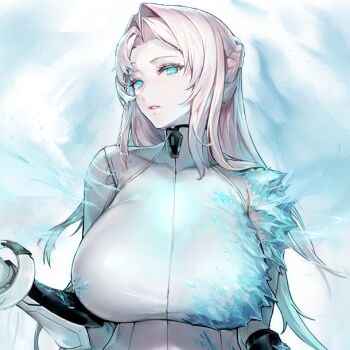 1girl aqua_eyes bodysuit bracer braid breasts colored_skin female_focus forehead frost game_cg grey_bodysuit hair_intakes hair_over_shoulder high_collar huge_breasts ice jam_(nandade) last_origin long_hair looking_at_viewer mnemosyne_(last_origin) official_art pale_skin parted_lips shiny_clothes skin_tight solo tight_clothes transparent_background upper_body white_hair white_skin