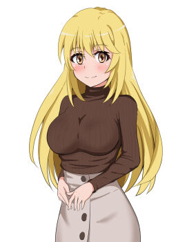 1girl alternate_costume blonde_hair breasts brown_sweater casual closed_mouth commentary_request grey_skirt high-waist_skirt highres large_breasts long_hair looking_at_viewer ribbed_sweater shokuhou_misaki skirt smile sparkling_eyes sweater sweater_tucked_in tabu_(tabu_01) toaru_kagaku_no_railgun toaru_majutsu_no_index white_background yellow_eyes