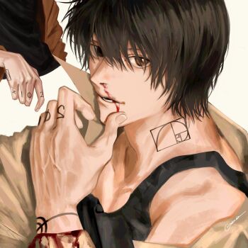 Rule 34 | 1boy, black hair, black tank top, blood, brown eyes, brown shirt, commentary, english commentary, fibonacci sequence tattoo, finger tattoo, highres, looking at viewer, male focus, nagumo (sakamoto days), ndsoda, neck tattoo, nosebleed, sakamoto days, shirt, short hair, simple background, solo, tank top, tattoo, twitter username, veins, veiny hands, white background, wiping blood