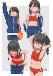 Rule 34 | 1girl, bag, bare shoulders, bikini, blue track suit, blush, border, breasts, brown hair, grey background, highres, jacket, leaning forward, long hair, looking to the side, multiple views, open mouth, original, pants, retsumaru, shoulder bag, simple background, small breasts, smile, solo, sports bikini, swimsuit, track and field, track jacket, track pants, track suit, undressing, white border