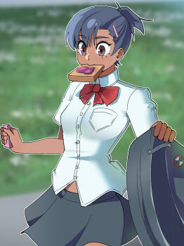 bag bread bread_slice briefcase brown_eyes dark-skinned_female dark_skin food food_in_mouth gekkoukan_high_school_uniform gjh highres jam late_for_school mouth_hold nishiwaki_yuuko persona persona_3 persona_3_reload running school_bag school_briefcase school_uniform toast toast_in_mouth