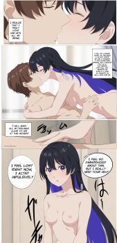 1boy 1girl absurdres blush braid breasts closed_eyes colored_inner_hair completely_nude english_text hair_ribbon hetero highres hug kevcrexx kiss long_hair medium_breasts multicolored_hair nipples nude oscar_(unnamed_memory) ribbon tearing_up tinasha_(unnamed_memory) unnamed_memory