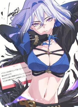 1girl arms_up bandeau black_jacket black_shorts blue_bandeau blue_hair blue_hands breasts cleavage collarbone commentary_request cowboy_shot criss-cross_straps cropped_jacket crossed_bangs dxkaji feathered_wings galbrena_(wuthering_waves) gold_choker grey_hair groin hair_between_eyes highres jacket large_breasts looking_at_viewer marshmallow_(site) medium_hair midriff mole mole_on_neck multicolored_hair navel open_clothes open_jacket parted_lips purple_eyes request_inset shorts sidelocks signature simple_background single_wing solo standing translation_request very_long_fingernails white_background wings wuthering_waves