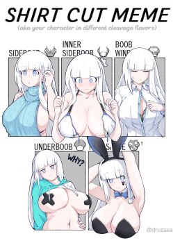 1girl :o ? absurdres animal_ears animal_print arms_up bandaid bandaids_on_nipples bare_shoulders bikini black_leotard blouse blue_bow blue_bowtie blue_eyes blunt_bangs bored bow bowtie breasts chart cleavage_cutout closed_eyes closed_mouth clothing_cutout collarbone collared_shirt commentary crop_top cropped_hoodie detached_collar drawstring embarrassed english_commentary english_text facial_mark fake_animal_ears front-tie_bikini_top front-tie_top grey_background tucking_hair hairband hand_up head_tilt highres hood hoodie jitome large_breasts leotard long_hair long_sleeves looking_at_viewer looking_away meme multiple_drawing_challenge multiple_views navel original outside_border partially_unbuttoned pasties playboy_bunny plump rabbit_ears rabbit_print saiskh shirt shirt_cut_meme sideboob sideless_outfit sidelocks smile straight_hair strapless strapless_leotard string_bikini surprised sweat sweater swimsuit turtleneck turtleneck_sweater underboob untied_bikini wardrobe_malfunction white_background white_bikini white_hair white_shirt