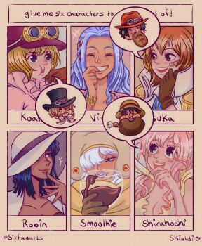 3boys 6+girls ^_^ bandaid bandaid_on_face black_hair blonde_hair blue_eyes blue_hair bracelet brown_gloves charlotte_smoothie closed_eyes commentary eating english_commentary food gloves goggles goggles_on_headwear hair_over_one_eye hat highres isuka_(one_piece) jewelry koala_(one_piece) long_hair looking_up meat medium_hair monkey_d._luffy multiple_boys multiple_drawing_challenge multiple_girls nefertari_vivi nico_robin one_piece one_piece:_baron_omatsuri_and_the_secret_island pink_hair portgas_d._ace sabo_(one_piece) scar scar_on_face shirahoshi short_hair sidelocks skialdi smile straw_hat white_hair