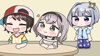 3girls :d amane_kanata baseball_cap blue_hair blue_shirt brown_hair brown_hairband chibi closed_eyes closed_mouth clothes_writing floral_print green_eyes grey_hair hairband hat heart heart-shaped_pupils highres hololive long_sleeves mochimiko multicolored_hair multiple_girls off-shoulder_sweater off_shoulder oozora_subaru oozora_subaru_(1st_costume) open_mouth pants print_pants puffy_long_sleeves puffy_sleeves purple_eyes purple_pants red_hat ribbed_sweater shirogane_noel shirogane_noel_(casual) shirt short_sleeves sideways_mouth single_hair_intake smile standing striped_clothes striped_shirt sweater symbol-shaped_pupils two-tone_hair vertical-striped_clothes vertical-striped_shirt virtual_youtuber wavy_mouth white_sweater