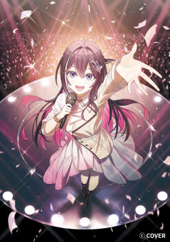 Rule 34 | 1girl, :d, arm up, ascot, azki (4th costume) (hololive), azki (hololive), black boots, black hair, black sash, boots, bow, bow sash, bracelet, braid, brown jacket, collared dress, colored inner hair, commentary request, concert, copyright notice, crowd, double-parted bangs, dress, falling petals, full body, hair intakes, hair ornament, hairclip, half-jacket, half up half down braid, hand up, high-low dress, high heel boots, high heels, holding, holding microphone, hololive, jacket, jewelry, koh rd, long hair, looking at viewer, microphone, mole, mole under eye, multicolored hair, official alternate costume, official art, open mouth, outstretched arm, petals, pink hair, pink streaks, puffy sleeves, purple eyes, sash, sidelocks, skirt, skirt under dress, smile, solo, streaked hair, striped clothes, striped dress, teeth, three-quarter sleeves, upper teeth only, vertical-striped clothes, vertical-striped dress, very long hair, virtual youtuber, waist bow, white ascot, white dress, white skirt, white streaks